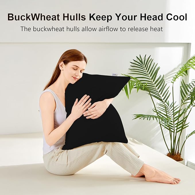 MIOTO Organic Buckwheat Pillow for Sleeping with Dual-Layer Pillowcase and Extra Tartary Buckwheat Hulls, Adjust Height and Firmness, Neck Support Pillow for Back and Side Sleepers 14"x20", Black