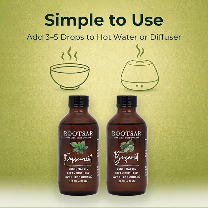 Peppermint & Bergamot Essential Oils Set – 100% Pure & Natural Aromatherapy Diffuser Oils for Focus, Energy, Stress Relief & Mood Support – Premium Uplifting Duo, 4 FL OZ / 118 ML