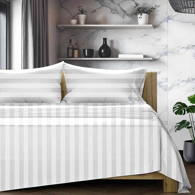 TEXAS LINEN CO. 100% Egyptian Cotton Sheets King Size Set - 1200 Series Star Sleepin' Damask Egyptian Cotton Luxury Sheets King Size (4 PC, White Stripe), 17" Deep Pocket, Sateen Hotel Bedding Set