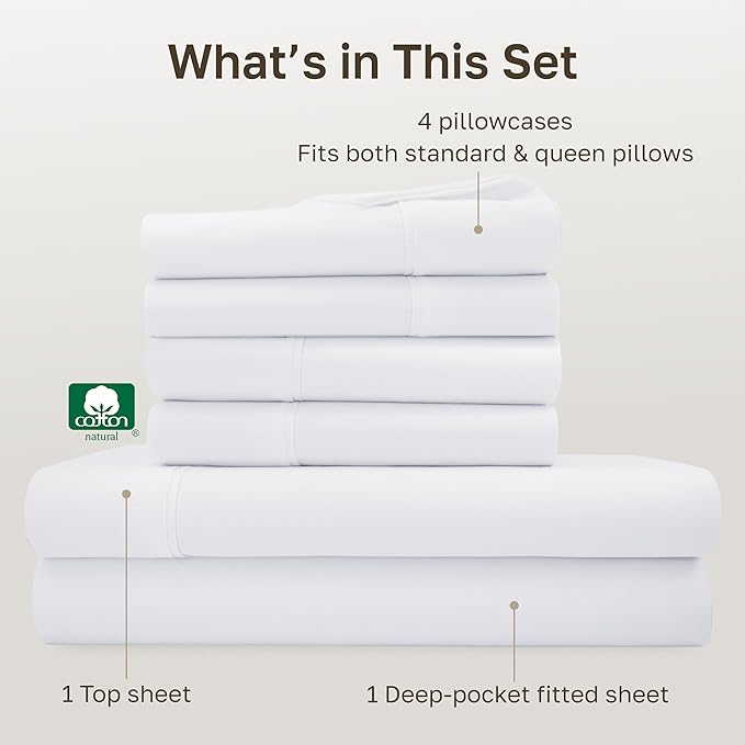 California Design Den 6 Pc Queen Size Sheet Set with 4 Pillowcases - Soft 400 Thread Count 100% Cotton Sheets, Sateen, Deep Pockets with All Around Elastic, Durable Bedding Set - White