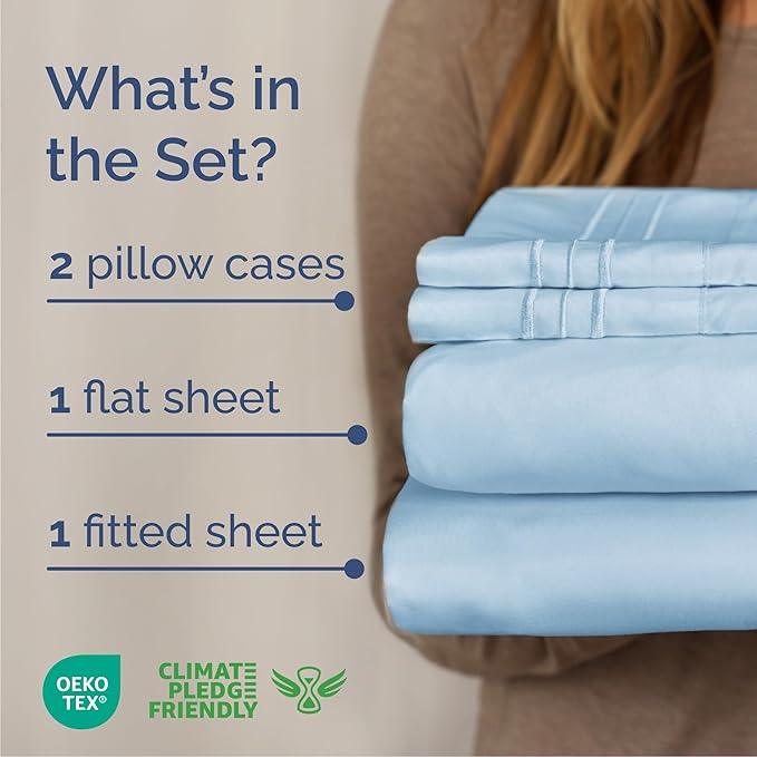 Queen Size 4 Piece Sheet Set - Comfy Breathable & Cooling Sheets - Hotel Luxury Bed Sheets for Women & Men - Deep Pockets, Easy-Fit, Soft and Wrinkle Free Sheets - Light Blue Oeko-Tex Bed Sheet Set