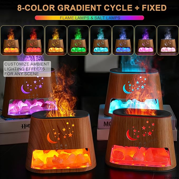 Flame Essential Oil Diffuser & Himalayan Salt Lamp: 260ml Aromatherapy Diffuser & Ultrasonic Cool Mist Humidifier with Himalayan Pink Salt Rock, Remote, 7-Color LED, 3 Timer (Moon Star + Wood Grain)