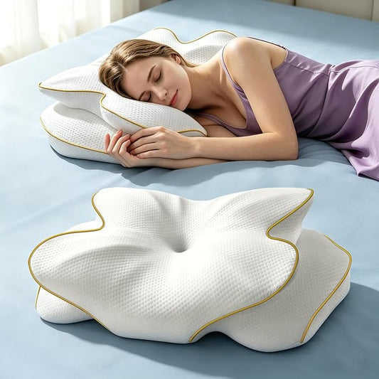 AZBESTPRO Memory Foam Cervical Pillow for Neck Support & Pain Relief, Butterfly Ergonomic Design – 24×15.75×5.7 Inches, Removable 100% Polyester Pillowcase, Suitable for Side & Back Sleepers (Gold)