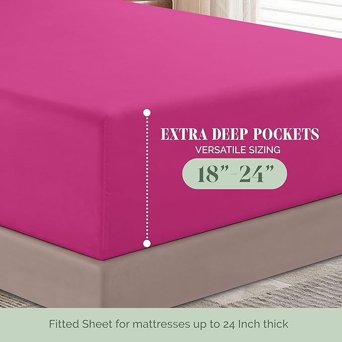 Elegant Comfort Luxurious 1500 Premium Hotel Quality Microfiber 4-Piece Sheet Set, 18-24 Inches Deep - Extra Deep Pocket Sheets - Ultra Soft 4PC Deep Pocket Sheets, King, Hot Pink