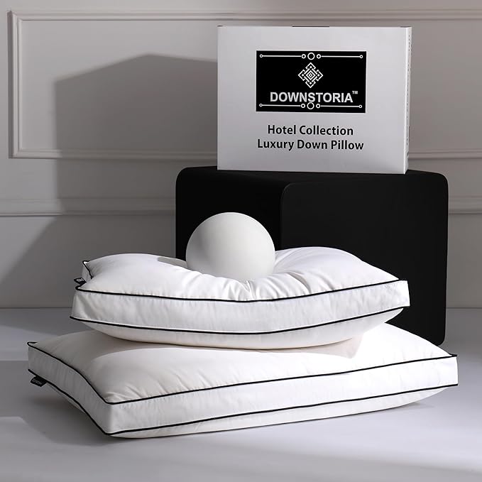 DOWNSTORIA Feather Down Pillows Queen Size Set of 2 with Gusset, Luxury Hotel Collection Bed Pillow 2 Pack, Down Surrounded Gusseted Pillows for Sleeping, Firm for Side, Back Sleepers 20x30 in.