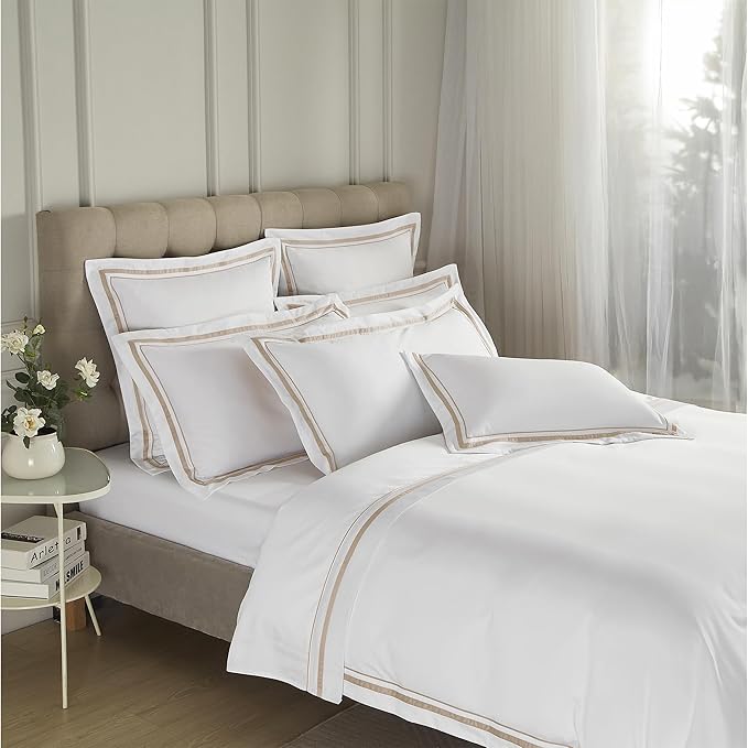 White Pillow Shams Standard Size Set of 2, 100% Cotton 400TC Sateen Luxury Hotel Pillow Cases, Pipping Oxford Pillowcases with Envelope Closure for Bedding Linen, 20x26 Inches (White with Khaki)