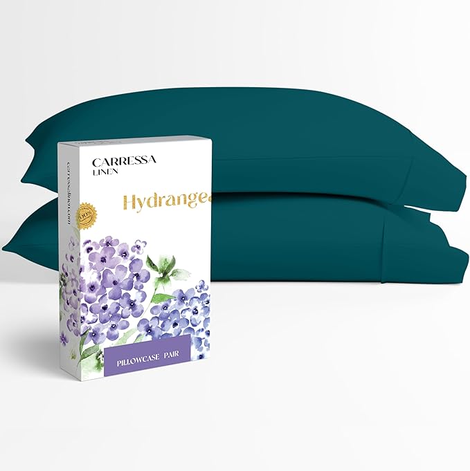 Carressa Linen 100% Egyptian Cotton King Size Pillow Cases Set of 2 - Luxury 600 Series Hydrangeas Collection King Pillowcases (Teal), Soft Cooling, Sateen Weave Hotel Quality Bed Pillow Cover