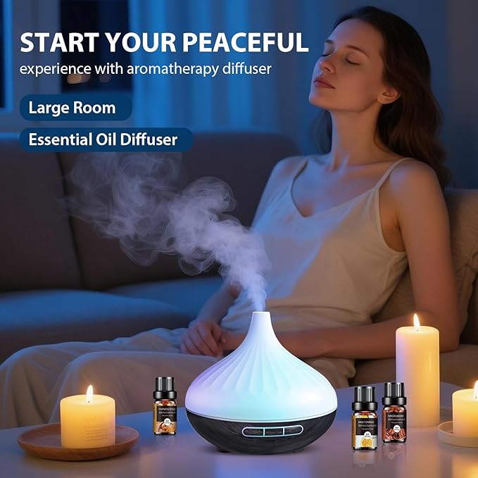 500 ML Diffuser for Home, Aroma Diffuser & 12 Essential Oils Set for Large Room, 14 Colour Changes, Timer and Auto-Off Function