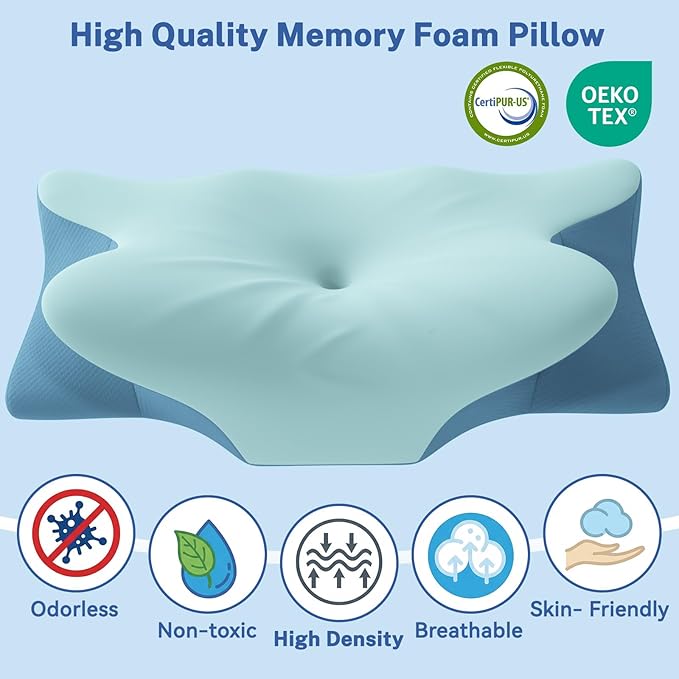 Cervical Neck Pillow for Pain Relief & Sleeping, Ergonomic Posture Pillow Neck Support, Cooling Memory Foam, Orthopedic Contour Pillow for Side Back Stomach Sleepers, Blue