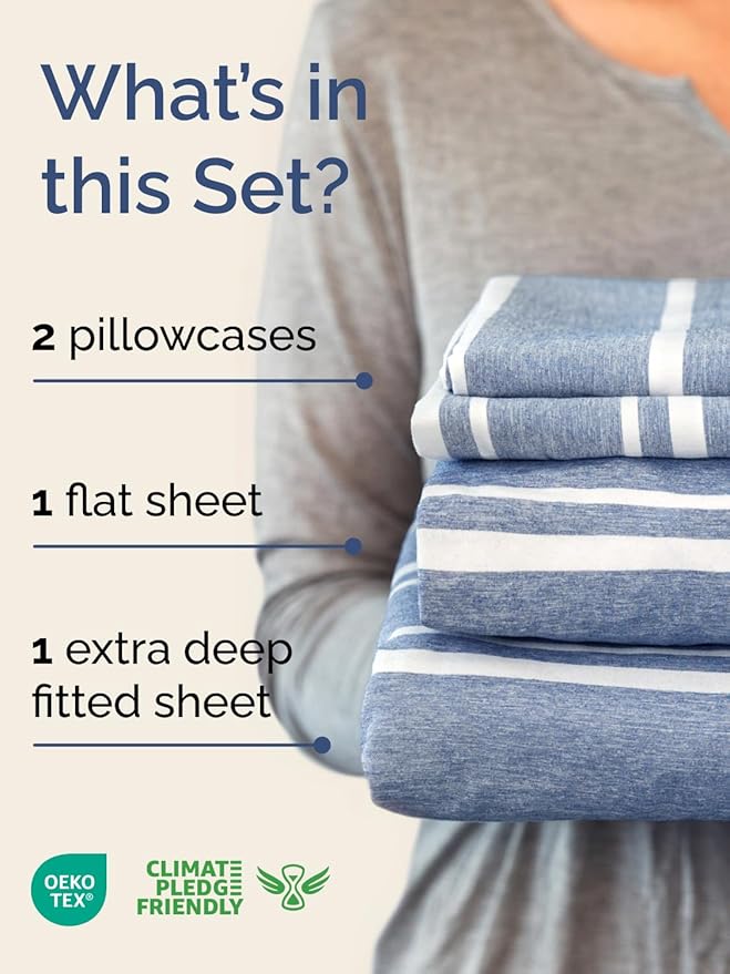 Extra Deep Queen Sheet Set - 4 Piece Breathable & Cooling Bed Sheets - Easily Fits 18 - 24 inch Mattress - Ultra Soft, Wrinkle & Fade Free w/ Extra Deep Pockets - Hotel Luxury Bedding - Blue Stripes 3