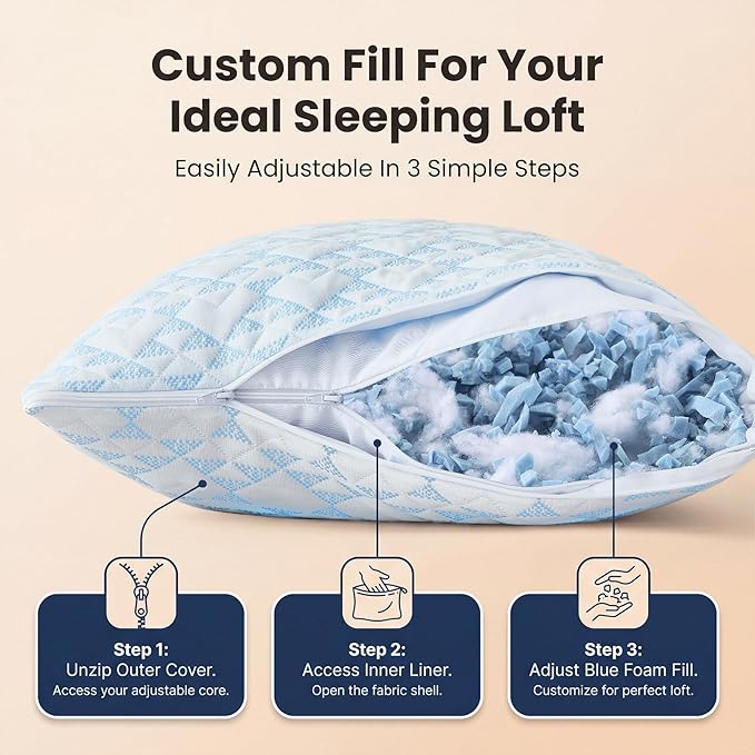 Alkyonos Shredded Memory Foam Pillows for Sleeping, Adjustable Firm Pillow for Side, Back and Stomach Sleepers, Very Soft ＆ Warm for Winter ＆ Spring, Queen Size Set of 2