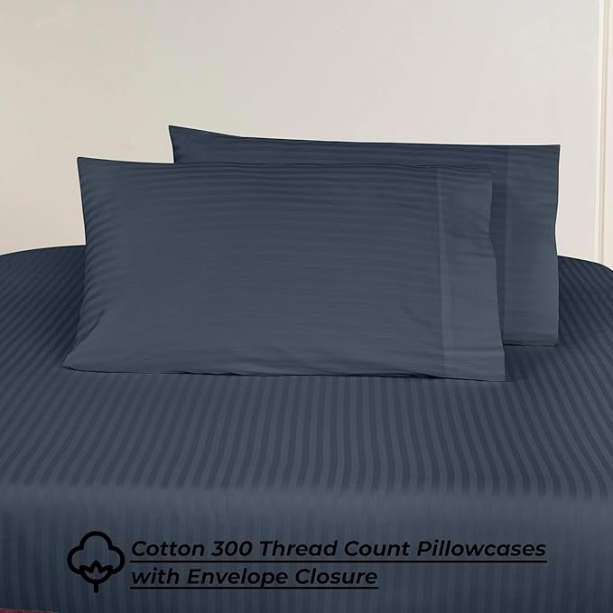ROYALE LINENS 300 Thread Count 100% Long Staple Combed Cotton Printed Sheet Set - 4 Piece Full Bed Sheets - 1 Fitted, 1 Flat, 2 Pillow Cases -Soft Cool & Crisp Sheet Set (Full, Stripe Navy)