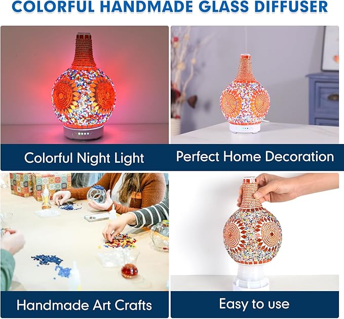Mosaic Glass Essential Oil Diffuser,Tiffany Aromatherapy Diffuser Sunflower Pattern 100ml Turkish Moroccan Color Changing Aroma Ultrasonic Diffusers Cool Mist Air diffuser for Sleeping SPA Office Home