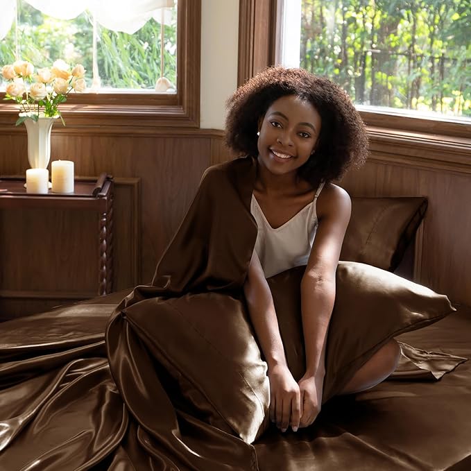 CozyLux Satin Sheets Full Size Sheets - 6 Piece Silky Full Size Bed Sheets, Luxury Brown Full Bed Set with Smooth and Soft Microfiber, Includes 1 Fitted Sheet, 1 Flat Sheet and 4 Pillowcases