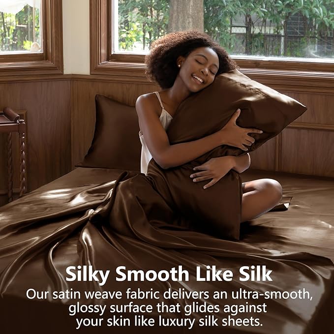 CozyLux Satin Sheets King Size Sheet Set - 6 Piece Silky King Sheets, Luxury Brown King Bed Set with Smooth and Soft Microfiber, Includes 1 Fitted Sheet, 1 Flat Sheet and 4 Pillowcases