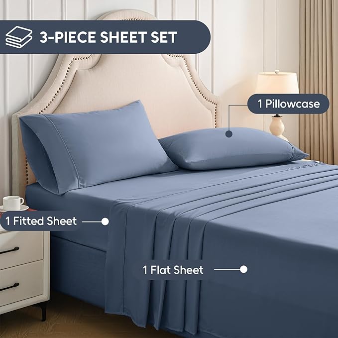 Twin XL Sheets Set, 3 Pieces Hotel Luxury Soft Microfiber Bed Sheets Set, Up to 16" Deep Pockets, Oeko-Tex Sheets with Elastic, Breathable, Wrinkle Free (Mist Blue, Twin XL)