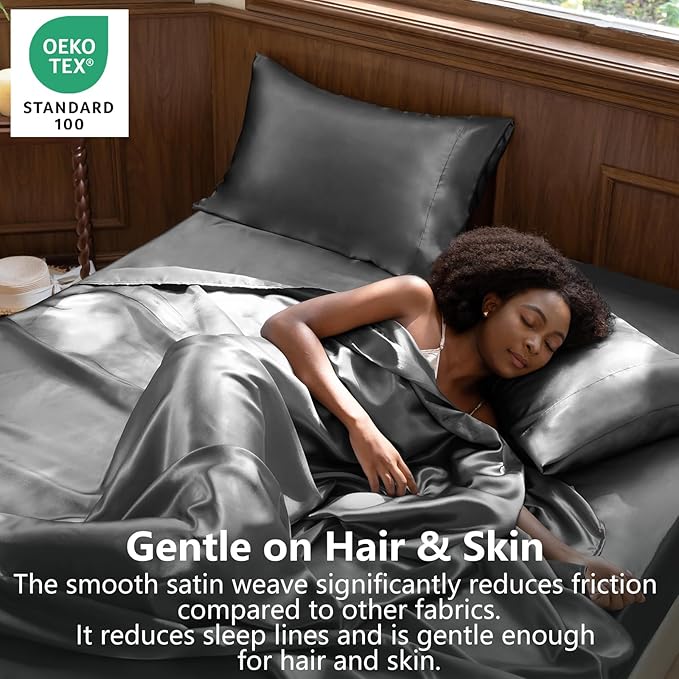 CozyLux Satin Sheets Full Size Sheets - 4 Piece Silky Full Size Bed Sheets, Luxury Dark Grey Full Bed Set with Smooth and Soft Microfiber, Includes 1 Fitted Sheet, 1 Flat Sheet and 2 Pillowcases
