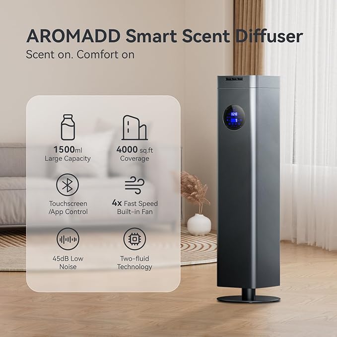 Aromadd 1500ml Scent Air Machine for Home, 4000 sq. ft Coverage Waterless Diffuser Essential Oil Diffuser Hotel Scent Diffuser Cold Air Nebulizer for Large Room Hotel Office (Titanium Gray)