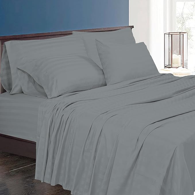 ROYALE LINENS 1500 Thread Count Sateen Dobby Stripe Poly/Cotton Sheet Set - 6 Piece California King Bed Sheets - 1 Fitted, 1 Flat, 4 Pillow Cases -Soft Cool & Crisp Sheet Set (Cal King, Monument)