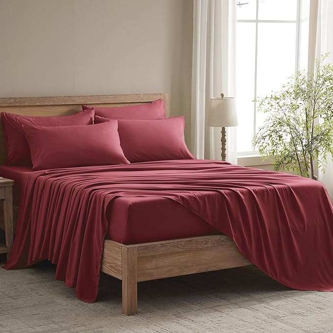 Twin Sheets Set - 4 Piece Soft Microfiber and Wrinkle Free Sheets - Easy Care, Extra Soft, Cooling Sheets - 1 Deep Pocket Fitted Sheet 1 Flat Sheet and 2 Pillowcases (Twin Burgundy)