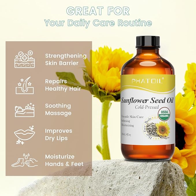PHATOIL Organic Sunflower Seed Oil for Skin 118 ml (4 fl.oz), USDA Certified Organic, Cold Pressed Sunflower Oil in Glass Bottle for Hair, Body Moisturizer, Carrier Oil for DIY, Massage