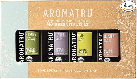 AromaTru Focus Essential Oil Kit – Rosemary, Peppermint, Lemon, and Grapefruit – Organic & Wildcrafted – ISO Certified – No Synthetic Fillers – Ethically Sourced
