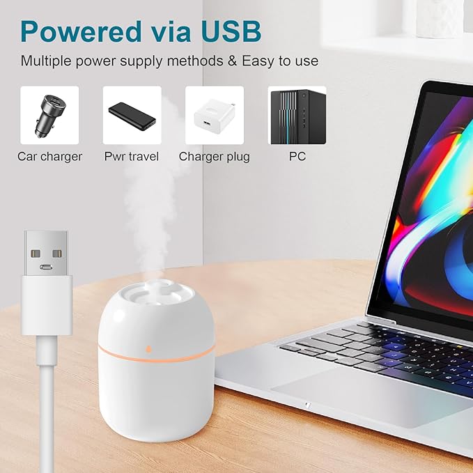 Portable Small Humidifier, USB Personal Desktop Humidifier for Car, Office Room, Bedroom, Auto Shut-Off, 2 Mist Modes, Super Quiet, 220ml, White