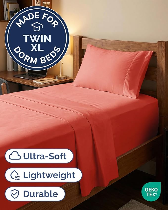 Extra Deep Twin XL Sheet Set - 3 Piece Breathable & Cooling Bed Sheets - Easily Fits 18 to 24 inch Mattress - Ultra Soft, Wrinkle & Fade Free w/ Extra Deep Pockets - Comfy Hotel Luxury Bedding - Coral