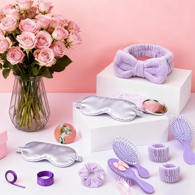 65 Pcs Sleepover Party Supplies for Women Include Spa Headband Sleep Eye Mask Pink Scrunchie with Coquette Bow Mirror Hair Comb Gift Bags for DIY Spa Sleepover Slumber Wedding Birthday Party Favors