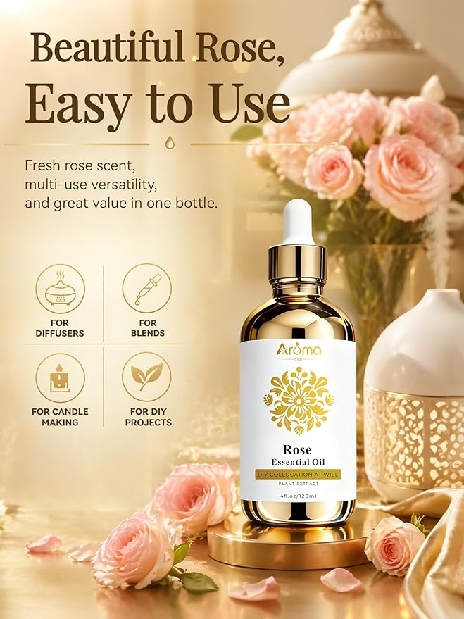 Rose Essential Oil 4 Fl Oz - Made in USA - 100% Pure Essential Oils - Essential Oils for Skin - Brighten the Skin Tone - Diffuser Oil Gifts for Women