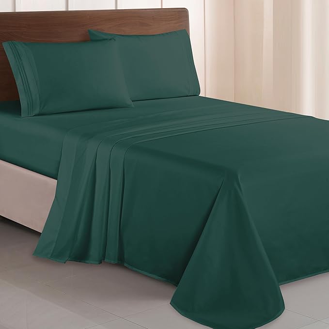 Elegant Comfort Luxurious 1500 Premium Hotel Quality Microfiber Three Line Embroidered Softest 4-Piece Bed Sheet Set, Wrinkle and Fade Resistant, King, Hunter Green
