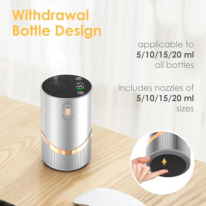 Waterless Essential Oil Diffuser Rechargable: Portable Aromatherapy Diffuser for Car and Home - 1/2/4/6H/Time Off 4 Mist Level for Room Office Bedroom (Sliver)