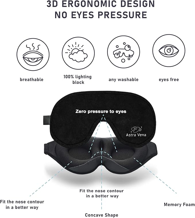 3D Sleep Mask for Kids, Light Block Sleeping Blindfold Memory Foam Contoured Eye Mask for Sleep, Adjustable Strap Eye Cover and Travel Sleep Mask for Boys Girls, Black