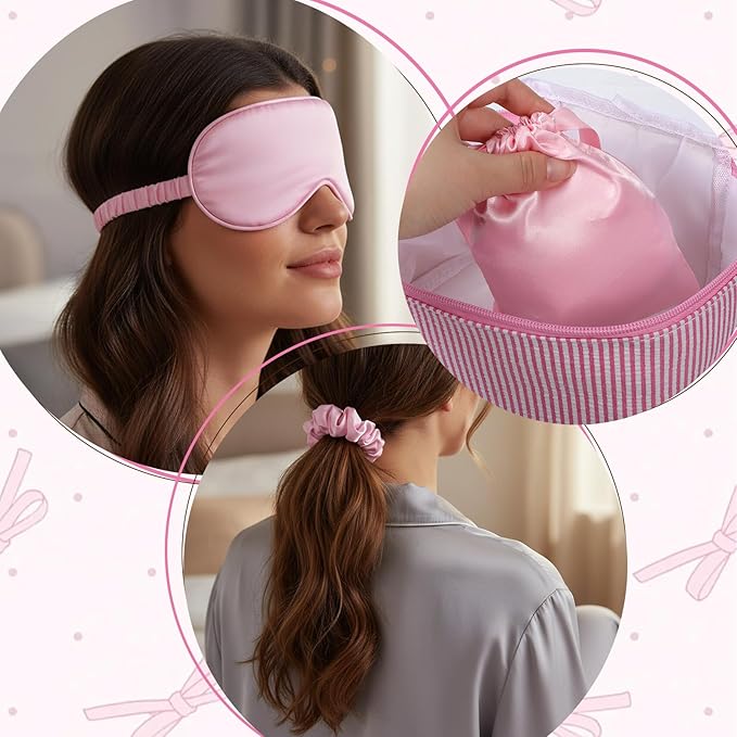 Silk Satin Sleeping Mask Set, Include 1 Double Layer Satin Filling Eye Cover 1 Scrunchie 1 Storage Bags, Pink Soft Breathable Blackout Eyeshade for Women Sleep Travel Nap Bridesmaid Gifts (Pink)