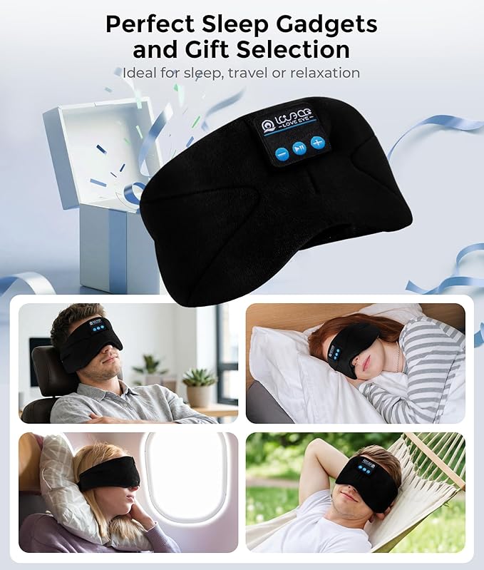 LOVE EYE Sleep Headphones Bluetooth 5.4 Sleeping Eye Mask Wireless Music Earphones with HD Speakers for Side Sleepers Total Blackout Cotton Mask for Travel, Office, Unique Gifts (Black)
