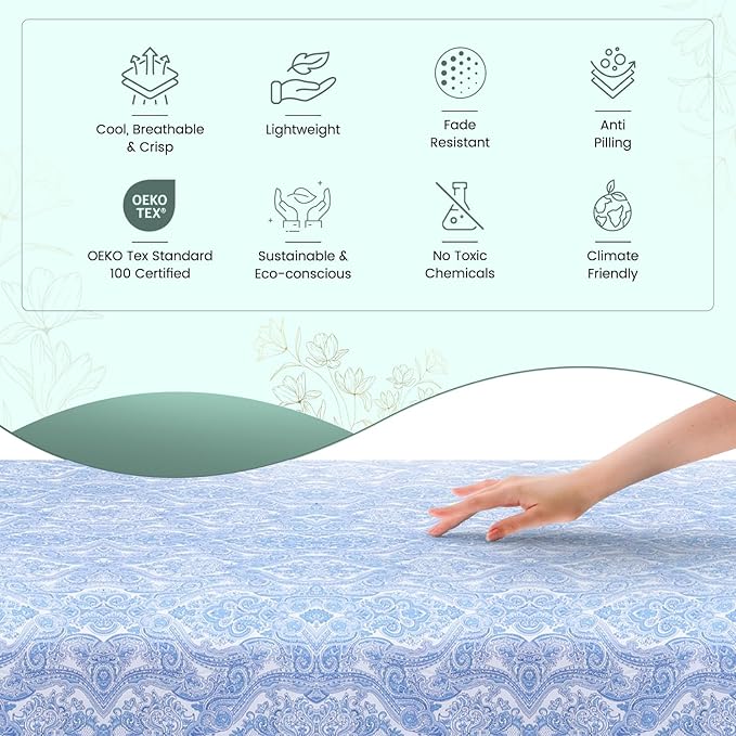 Feather & Stitch Softest 100% Cotton Sheets, 300 Thread Count Percale Weave Bedding, 16" Deep Pocket, Cooling Sheets, Breathable Bed Set, Hotel Premium Quality (Full, Blue Paisley)