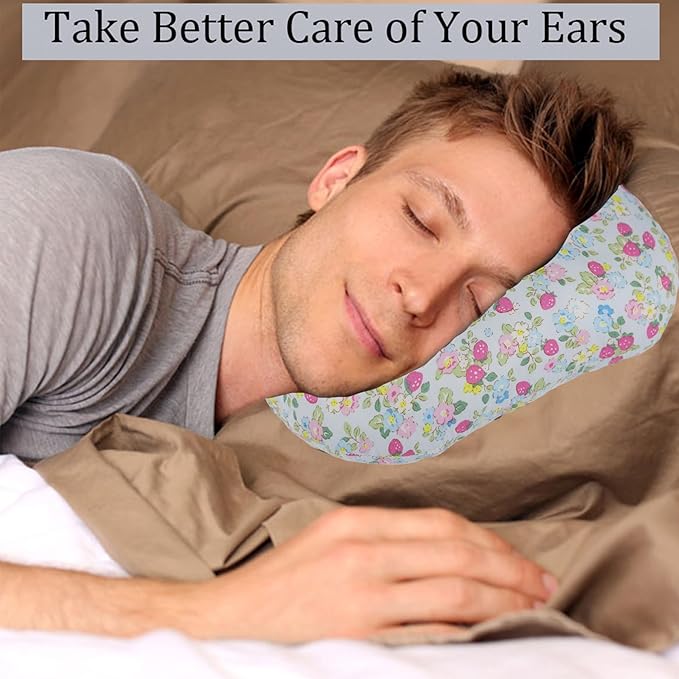 Ear Piercing Pillow for Side Sleepers, Pillow with an Ear Hole for CNH and Ear Pain Ear Inflammation Pressure Sores, O-Shaped Side Sleeping Pillow, Ear Guard Pillow (Blue Strawberry)