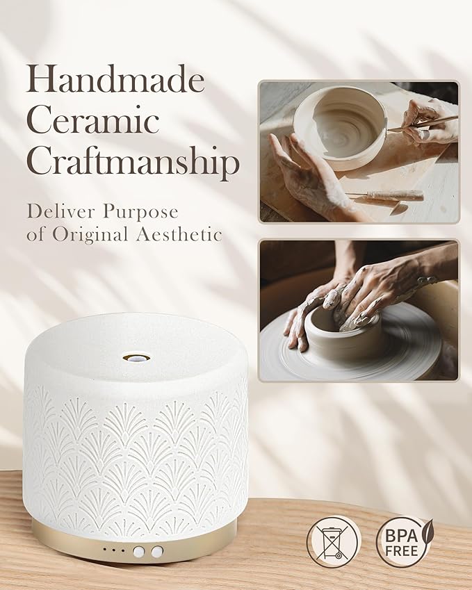 Ceramic Essential Oil Diffuser, 280ml 2.4MHz Ultrasonic Cool Mist Aromatherapy Diffuser with 12H/24H Runtime,Auto Shut-Off,Quiet Operation,3 Timer Settings for Large Room,Home,Office,SPA,Yoga,Gift