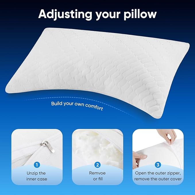 TWK Original Adjustable Bed Pillow for Sleeping, Good for Side, Back & Stomach Sleeper with Washable Removable Cover, Additional Foam Fill Included (White, Queen Size (4 Pack))