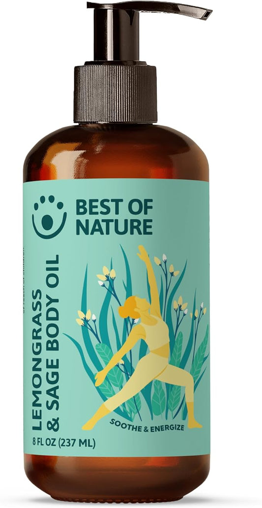 Best of Nature Lemongrass & Sage Aromatherapy Massage Oil – Non-Greasy Body Oil for Skin, Face & Massage – Uplifting Essential Oil Blend – 8 fl oz