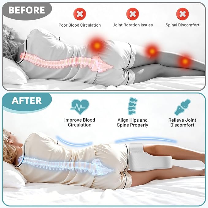 Knee Pillow for Side Sleepers | Spine Alignment & Hip Support with Adjustable Memory Foam, Contour Design & Non-Slip Strap | Cooling, Machine-Washable Cover for Home, Travel & Recovery Support
