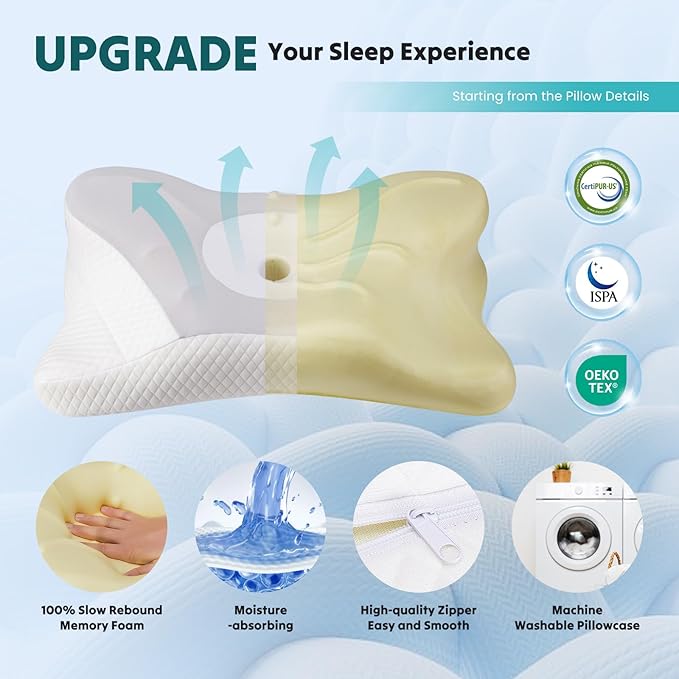 Sweetcrispy 2 Pack Cooling Ergonomic Memory Foam Cervical Pillow for Neck and Shoulder, Orthopedic Neck Support for Back Stomach Sleepers, Contour Side Sleeper for Adults, King, Grey