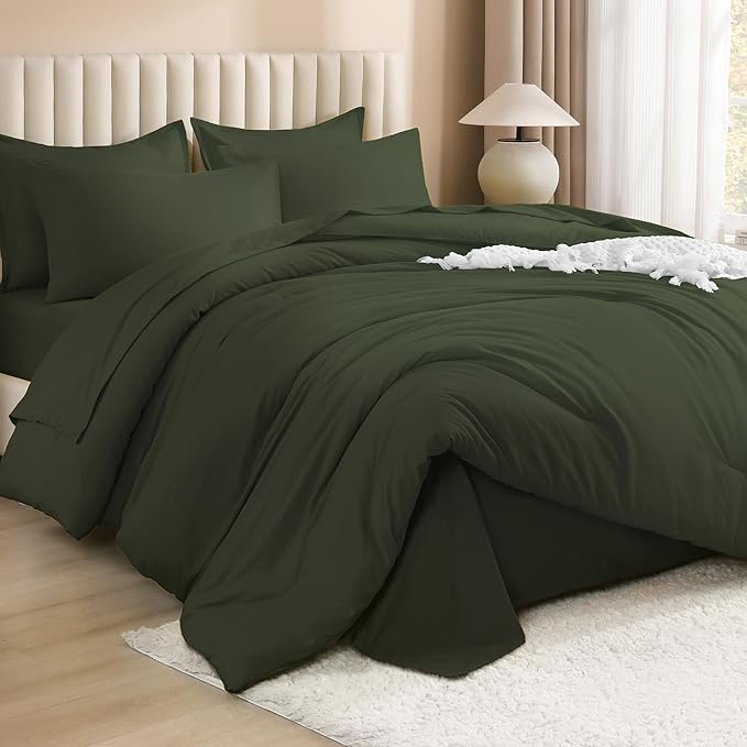 Litanika Dark Olive Green Queen Size Comforter Set - 7 Pieces Bed in a Bag Queen Bedding Comforter Sets, Plain Lightweight Bed Set with Comforter, Sheets, Pillowcases & Shams