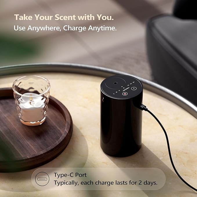 Airversa Waterless Essential Oil Diffuser Starter Kit with 2x20mL Luxury Hotel Fragrance Oils for Home Car Office, Battery Operated Mini Scent Air Machine Portable Diffuser, Gift for Mom, Black Kit