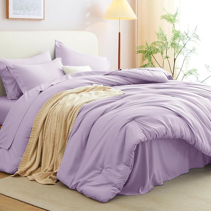 CozyLux Full Size Comforter Sets Lavender, 7 Pieces Bed in a Bag Full Comforter Set with Sheets, Light Purple Luxury Soft Bedding Set with Down Alternative Comforter, Sheets, Pillowcases & Shams