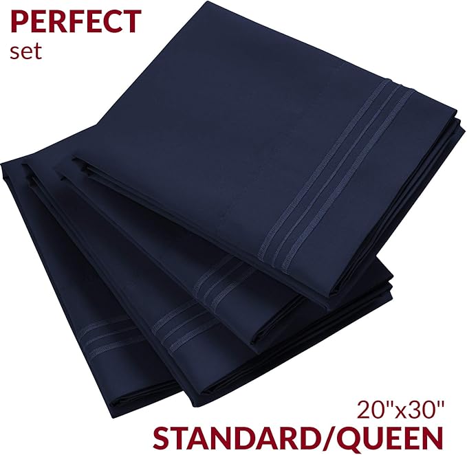 Mellanni Pillow Cases Set - 4 PC Iconic Collection Pillowcases - Luxury, Extra Soft, Cooling Pillow Covers - Wrinkle, Fade, Stain Resistant (Standard/Queen 20" x 30", Navy Blue)