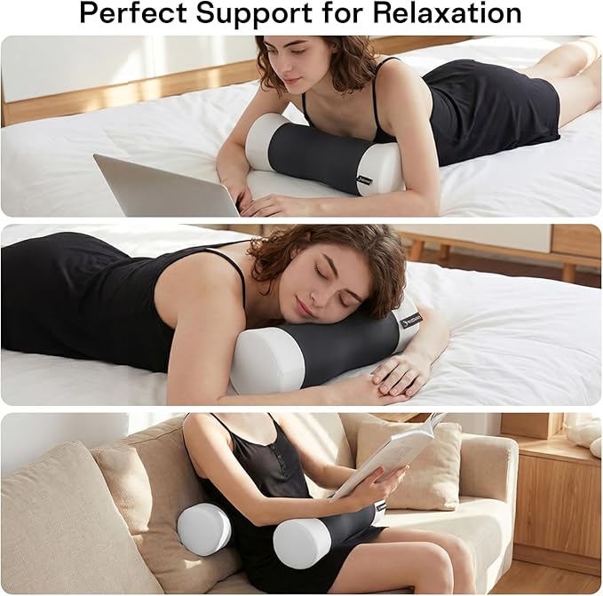 Neck Roll Pillow - Memory Foam Round Neck Pillow for Sleeping - Cooling Cover Cervical Roll Pillow - Ergonomic Bolster Pillow for Neck, Leg, Back, Yoga, Relaxing (Grey White)
