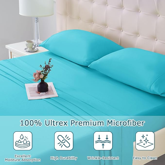 California King Size Bed Sheet Set - 4 Piece Soft Microfiber Sheets with Deep Pockets, Cooling Technology, and Wrinkle-Free Pillowcase. Hotel-Quality, Durable Bedding, Capri Blue
