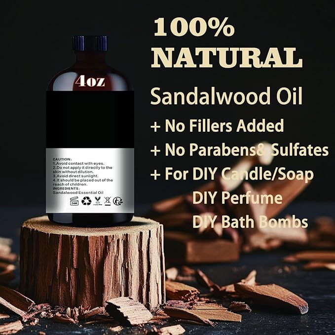 Sandalwood Essential Oil – MLYNKL Sandalwood Oils 4.33 fl oz for Diffusers, Humidifiers, Massage, DIY Candles, Soap, Cleaning, Home, Yoga, Office, Gifts - 130 ml