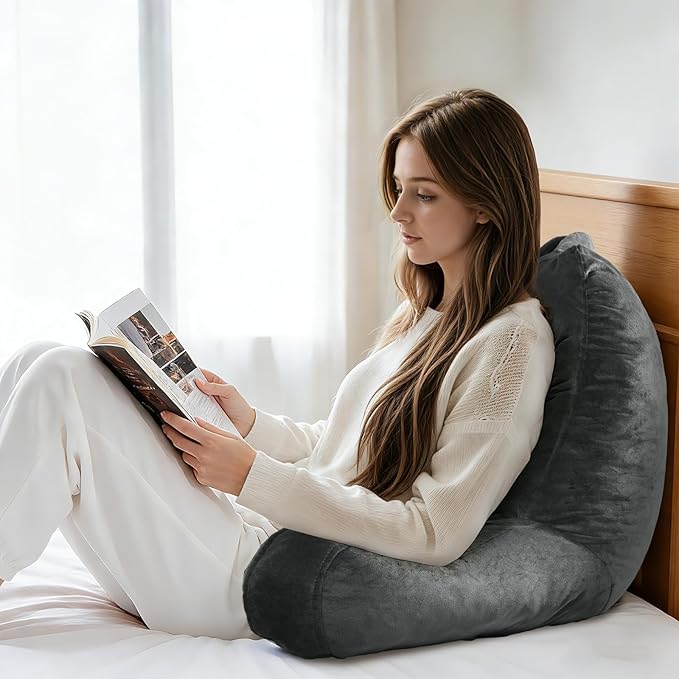 OAISZ Reading Pillow for Sitting in Bed Adult, 19" Reading Pillow with Shredded Memory Foam, Back Pillow for Sitting Up with Extend Arms, Pockets, Bed Pillow with Washable Cover, Grey